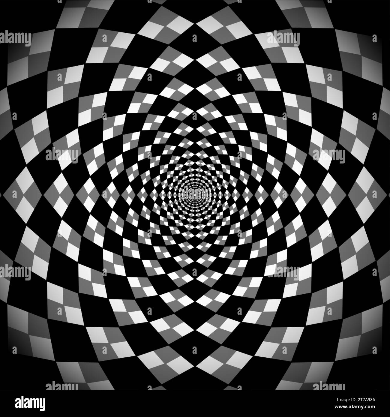Hypnotic background, optical spiral illusion. Optical Checkered Circle Classic circular Op Art design in black and white color. Vector illustration Stock Vector