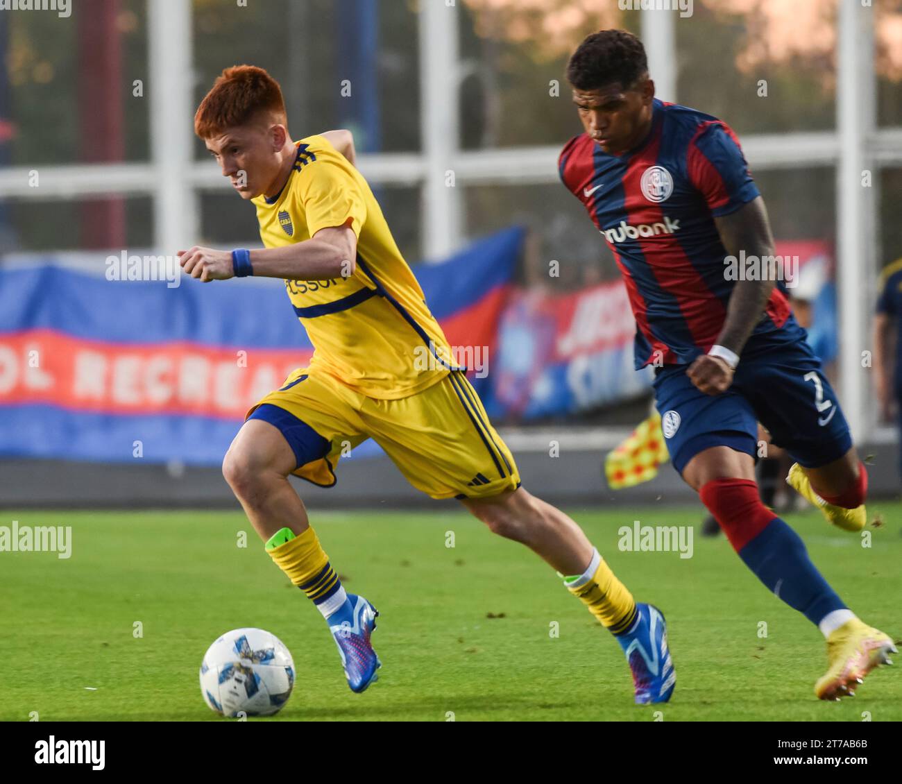 Buenos Aires, Argentina. 08th Nov, 2023. Rafael Perez of San Lorenzo and Valentin Barco of Boca Juniors during the Liga Argentina match between CA San Lorenzo and Boca Juniors played at Pedro Bidegain Stadium on November 8, 2023 in Buenos Aires, Spain. (Photo by Santiago Joel Abdala/PRESSINPHOTO) Credit: PRESSINPHOTO SPORTS AGENCY/Alamy Live News Stock Photo