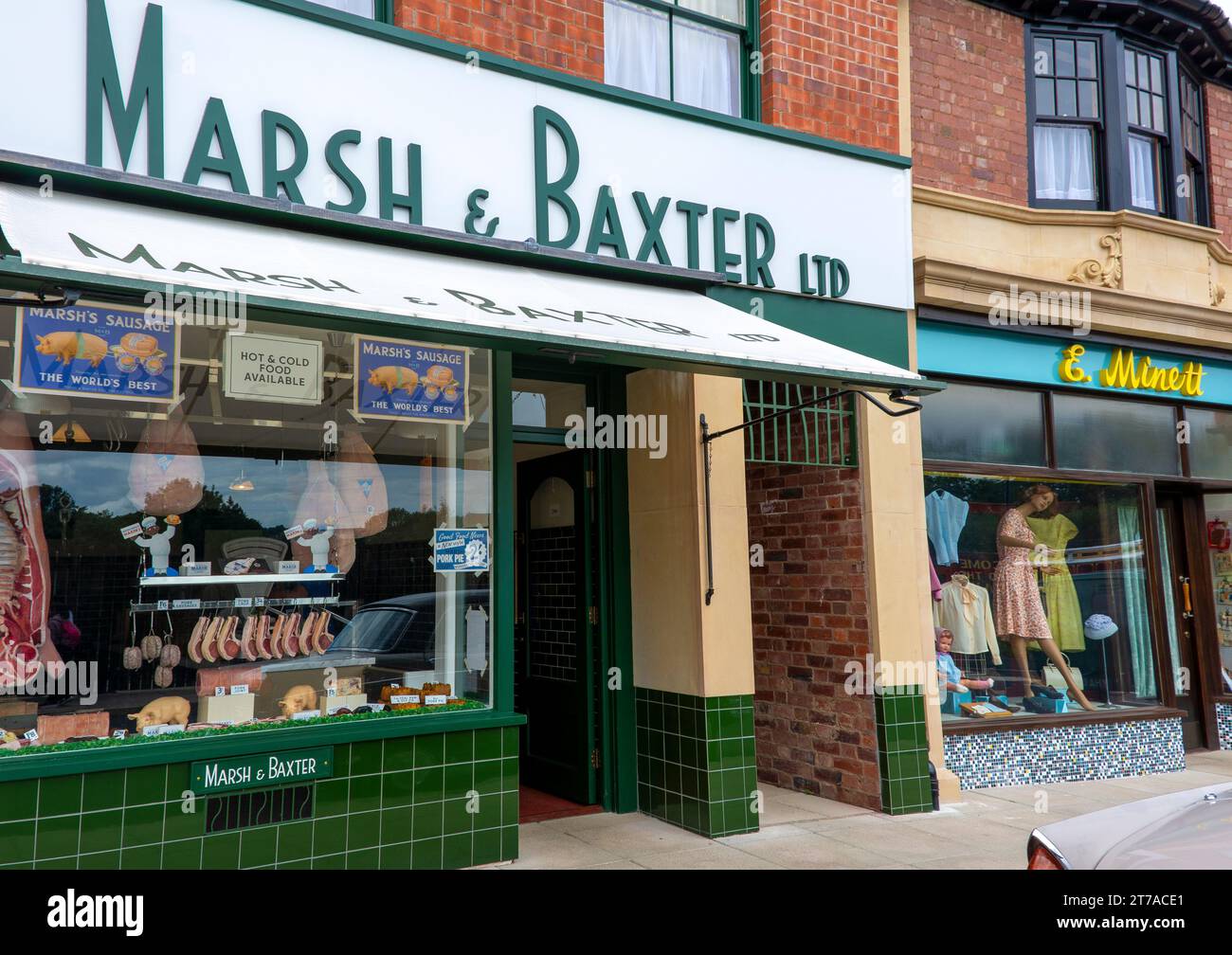 Marsh & Baxter butchers - Traditional 1940s 1950s High Street shops at the Black Country Living Museum, Dudley, West Midlands, England, UK Stock Photo