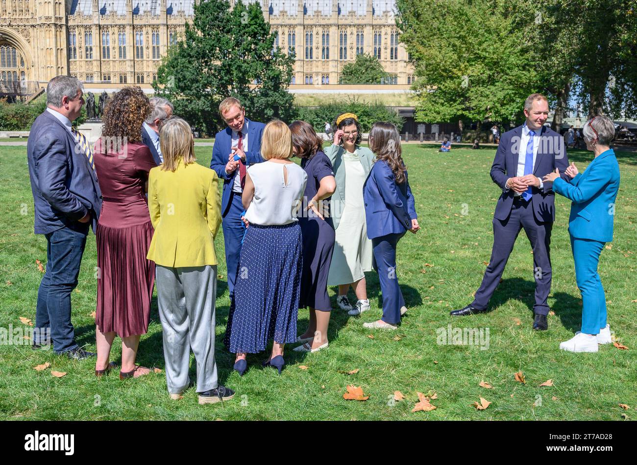 Liberal Democrat MPs gather in Victoria Tower Gardens, Westminster to welcome their newest MP Sarah Dyke (Somerton and Frome) on her first day in Parl Stock Photo