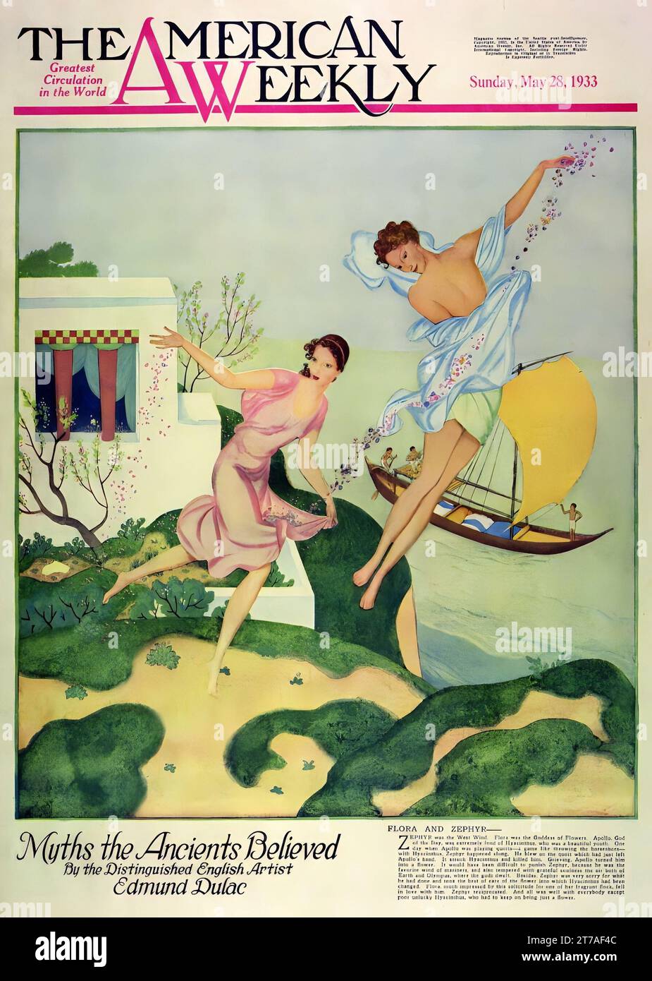 'Flora and Zephyr' published on May 28,1933 in the American Weekly Sunday magazine painted by Edmund Dulac. Zephyr was the West Wind. Flora was the Goddess of Flowers. Apollo, God of the Day, was extremely fond of Hyacinthus, who was a beautiful youth. One day when Apollo was playing quoits- a game like throwing the horseshoes-with Hyacinthus, Zephyr happened along. He blew on the quoit which had just left Apollo’s hand. It struck Hyacinthus and killed him. Grieving Apollo turned him into a flower. It would have been difficult to punish Zephyr, because he was the favorite wind of mariners... Stock Photo
