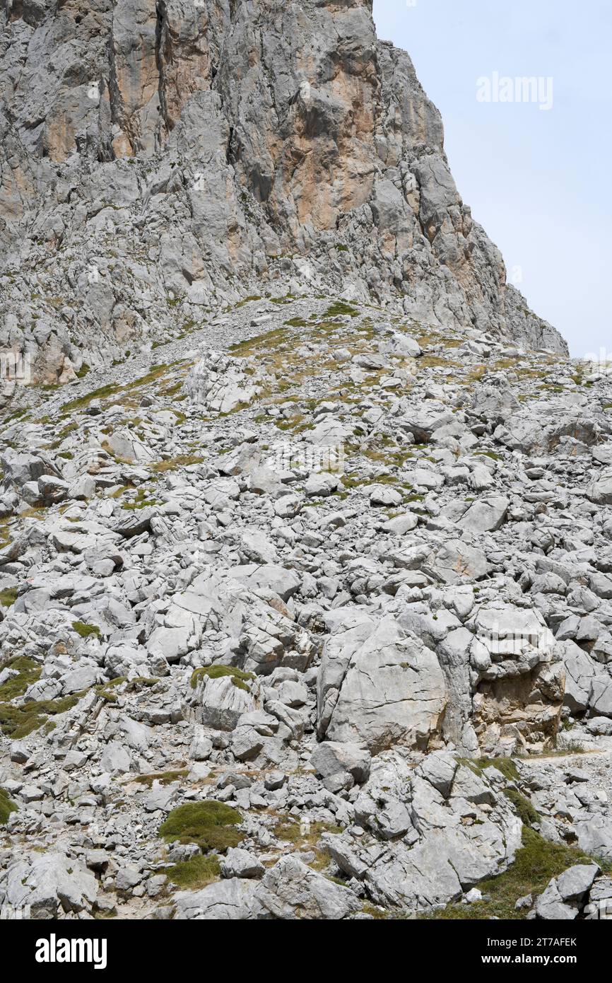 Shell-shaped erosion scarp. This photo was taken in Picos de Europa National Park, Fuente De, Cantabria, Spain. Stock Photo