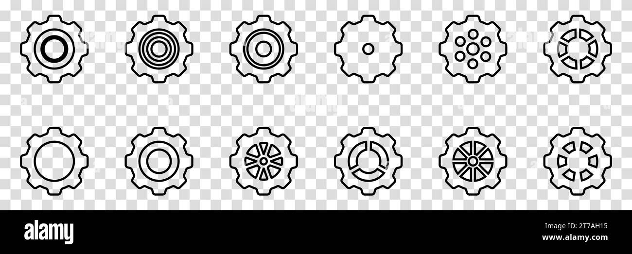 Simple Gear wheel collection. Cogwheel. Gears icon outline set. Setting gears icon. Machine gear icon vector set. Gear icons. Different style icons Stock Vector