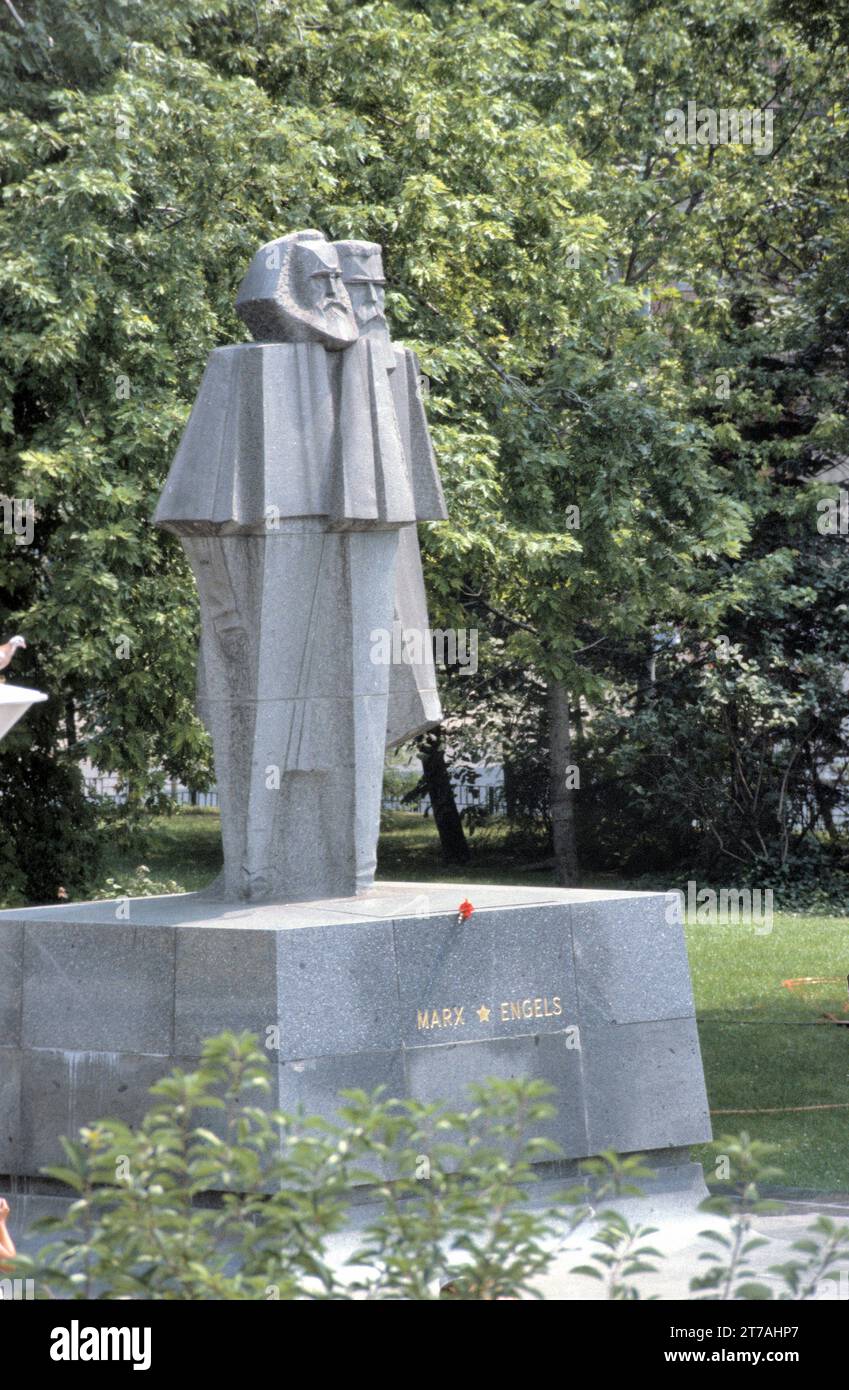 BUDAPEST,HUNGARY-JULY 13, 1973:The monumental sculpture composition on Jászai Mari Square of Marx and Engels on Jászai Mari Square, a year after its e Stock Photo