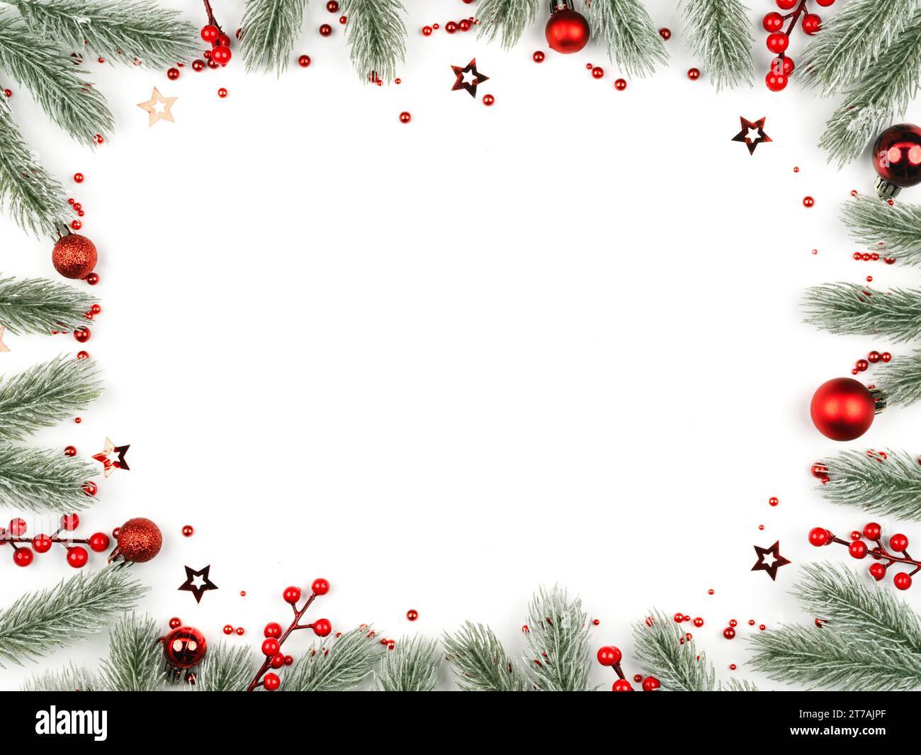 christmas frame with red balls and fir branches on white Stock Photo ...