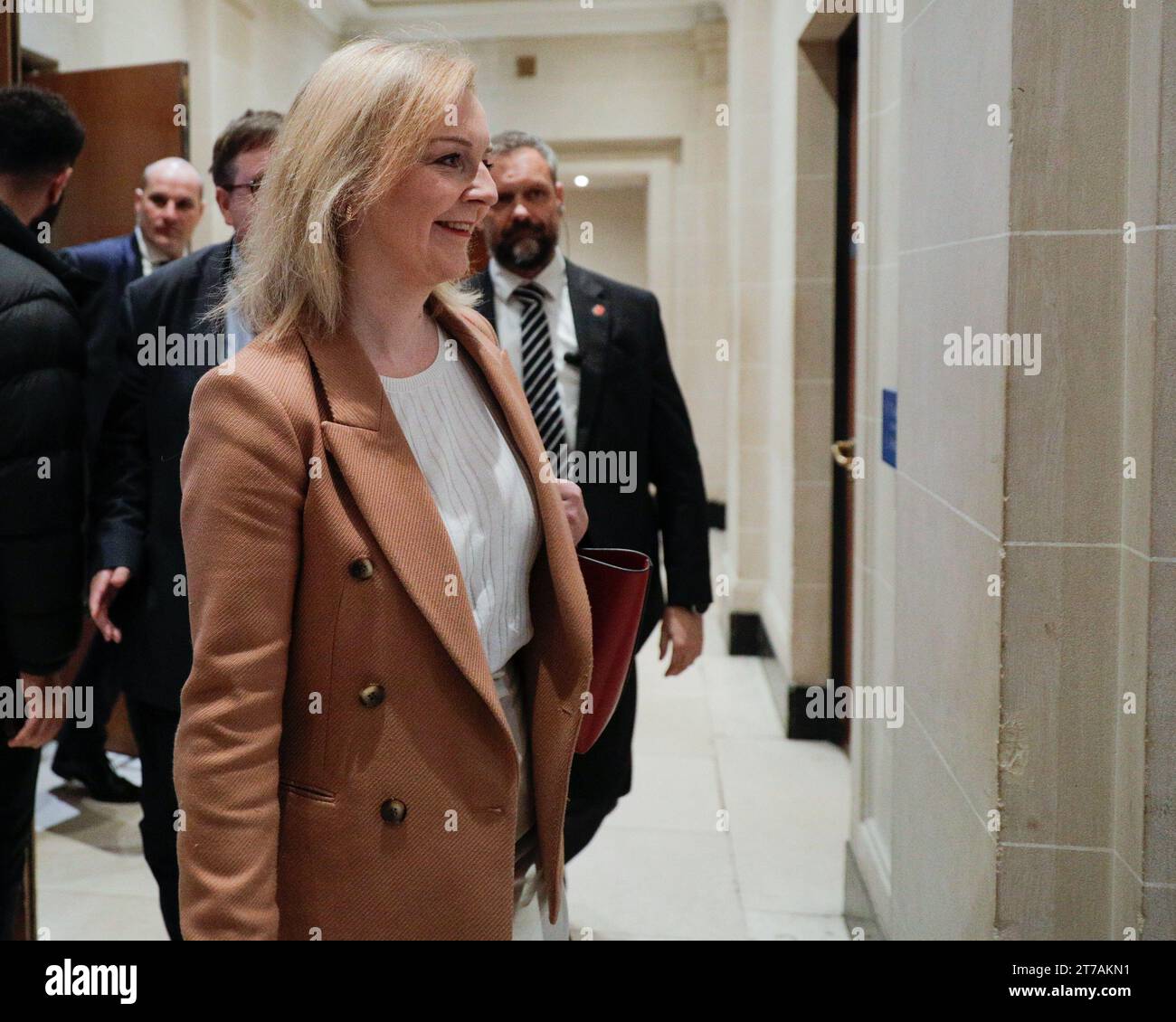 UK 14th Nov 2023. Liz Truss, former British Minister, attends an event by think tank The Growth Commission at Great George Street in central London today.The group, made up of international economists, was set up by Truss to continue to promote her economic growth policies. Stock Photo