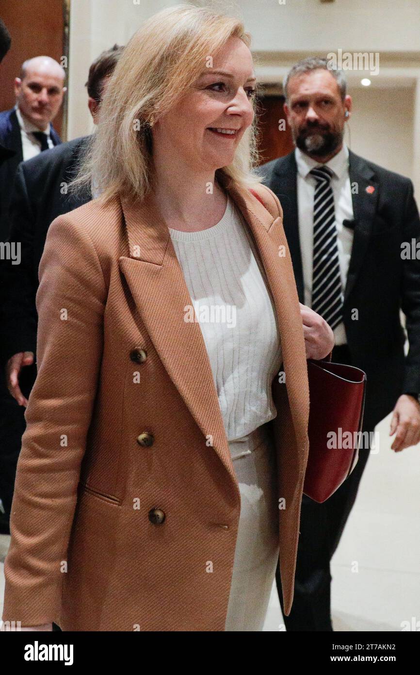 UK 14th Nov 2023. Liz Truss, former British Minister, attends an event by think tank The Growth Commission at Great George Street in central London today.The group, made up of international economists, was set up by Truss to continue to promote her economic growth policies. Stock Photo