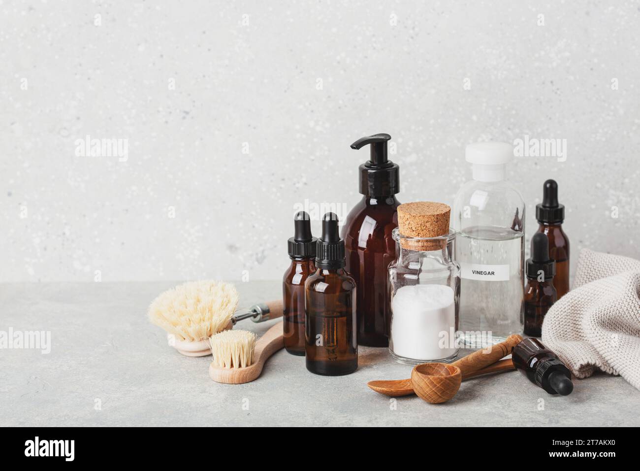 zero waste eco friendly cleaning concept. wooden brushes, baking soda