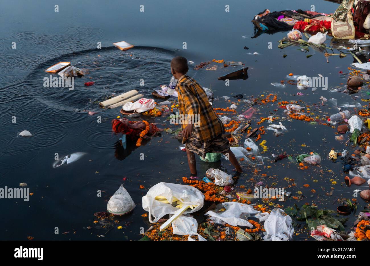 Guwahati, Assam, India on 14 November 2023. Rag picker searching ...