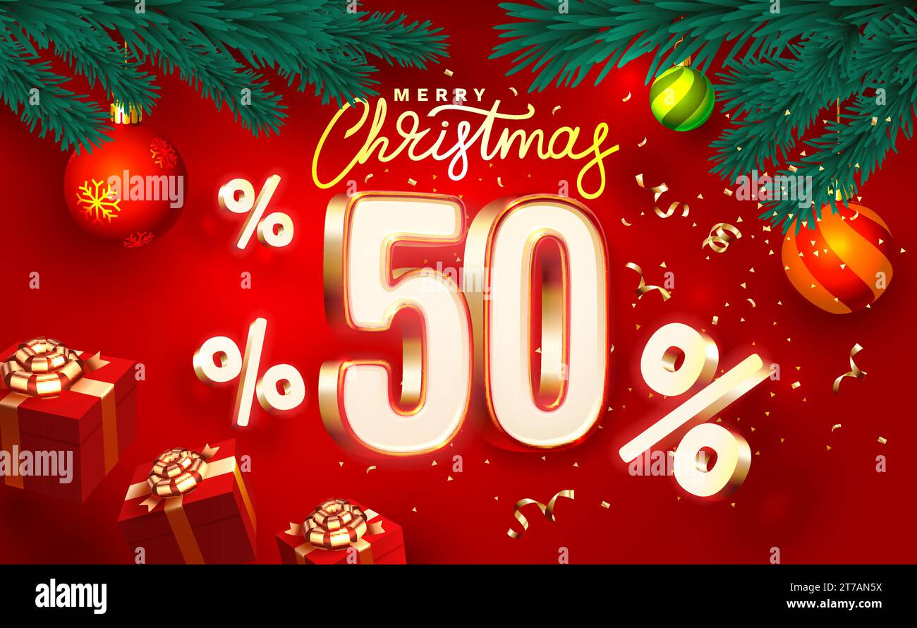 Merry Christmas, 50 percent Off discount. Sale banner and poster