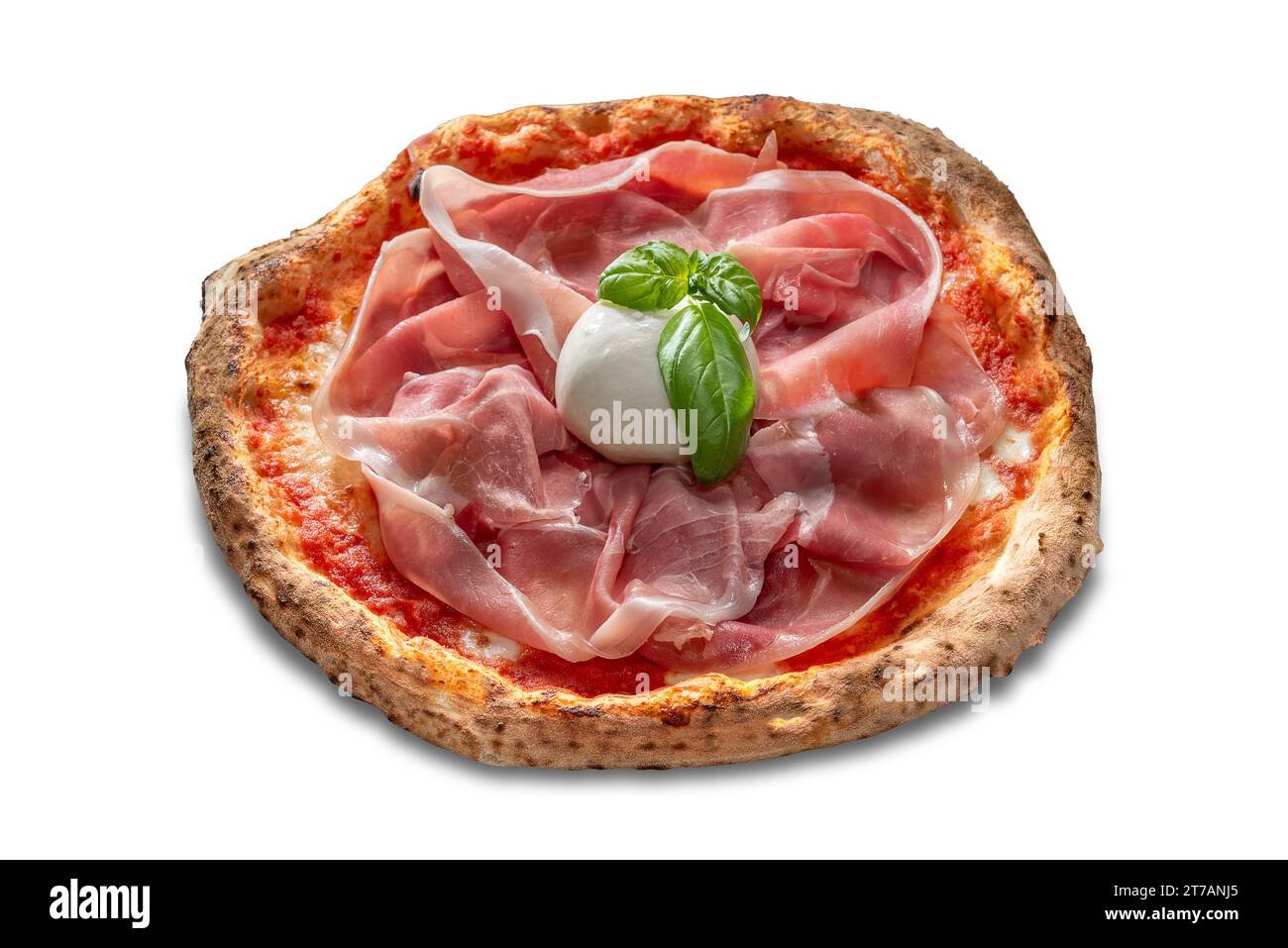 Pizza margherita with prosciutto slices and fior di latte mozzarella ball with basil leaves