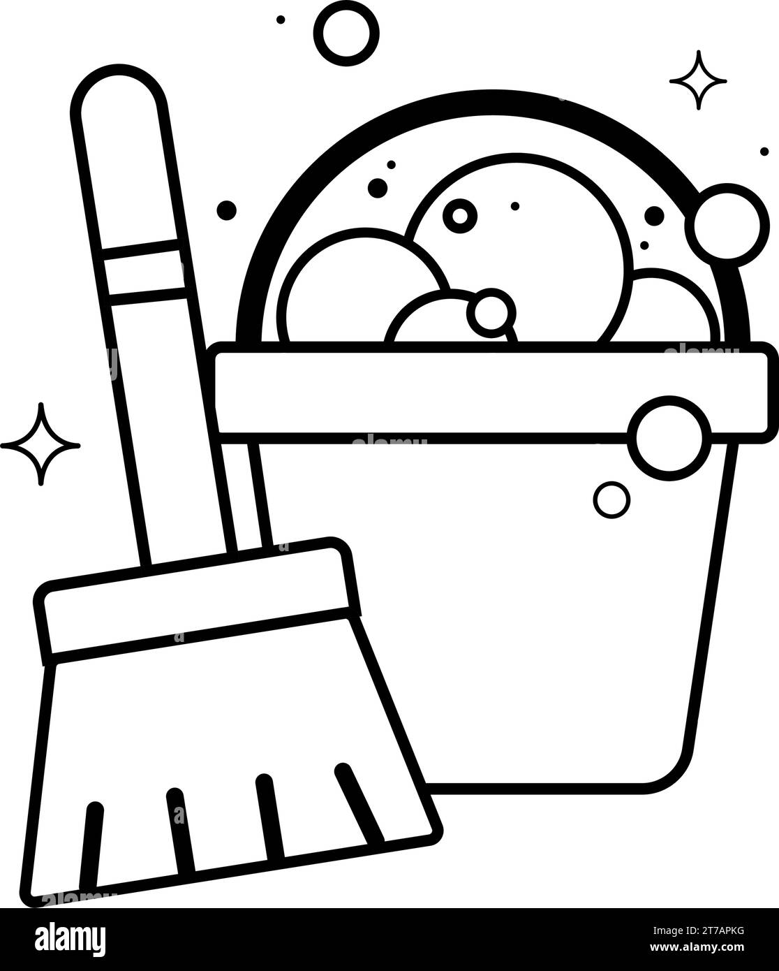 Isolated wooden broom and bucket with bubbles icon Vector Stock Vector