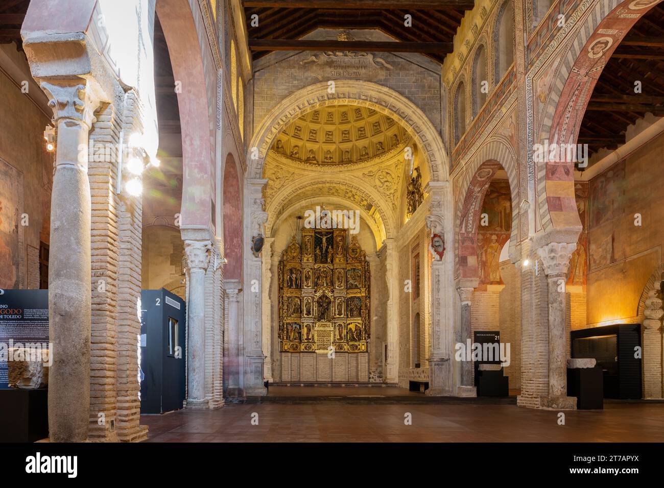 Toledo, Spain, 08.10.21. Museum of the Councils and Visigoth Culture inside the Church of San Roman with golden altarpiece and Romanesque frescos. Stock Photo