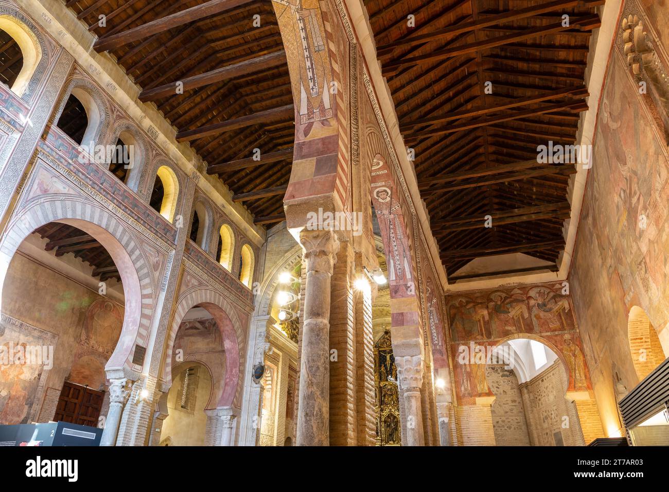 Toledo, Spain, 08.10.21. Church of San Roman (Museum of the Councils and Visigoth Culture) inside view with Romanesque colorful frescos. Stock Photo
