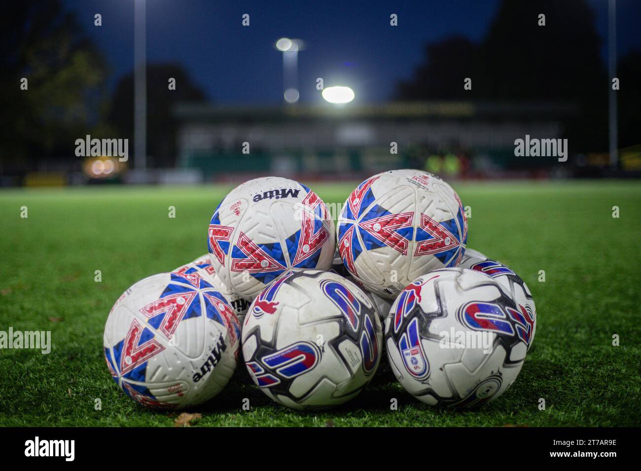 A stack of balls during the Emirates FA Cup match Horsham FC vs Barnsley at The Camping World Community Stadium, Horsham, United Kingdom, 14th November 2023  (Photo by Alfie Cosgrove/News Images) Stock Photo