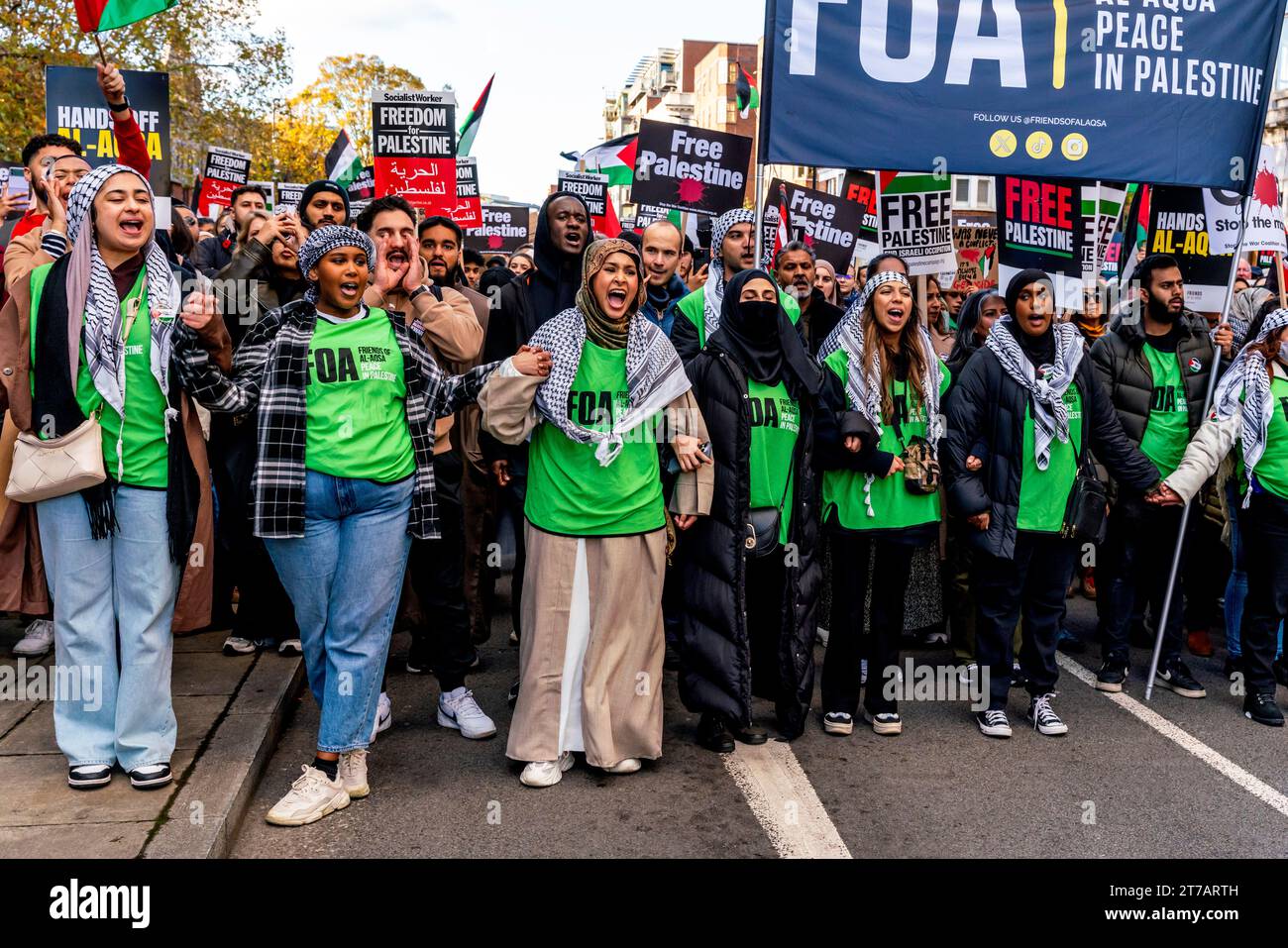 Angry Young British Muslims Call For A Ceasefire In Gaza and For Israel to Stop The Bombing of The Gaza At The March for Palestine Event, London, UK Stock Photo