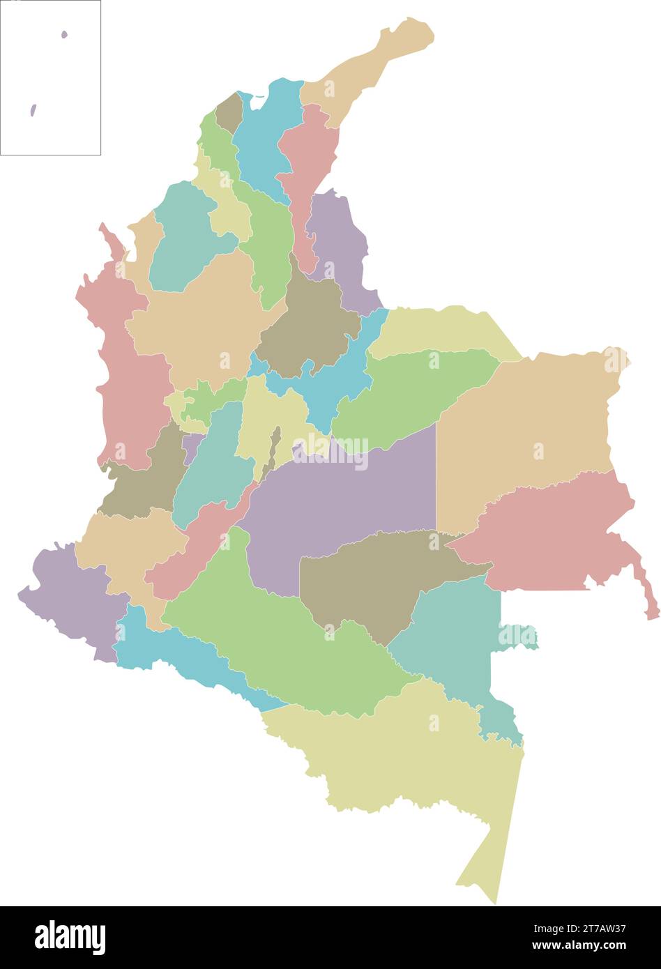 Vector blank map of Colombia with departments, capital region and administrative divisions. Editable and clearly labeled layers. Stock Vector