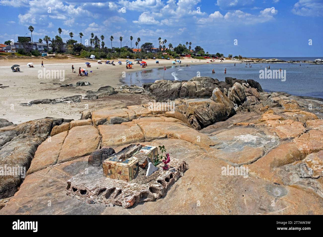 Tourists sunbathing on the Playa Verde beach, seaside barrio Punta Gorda of the city Montevideo, Uruguay, South America Stock Photo