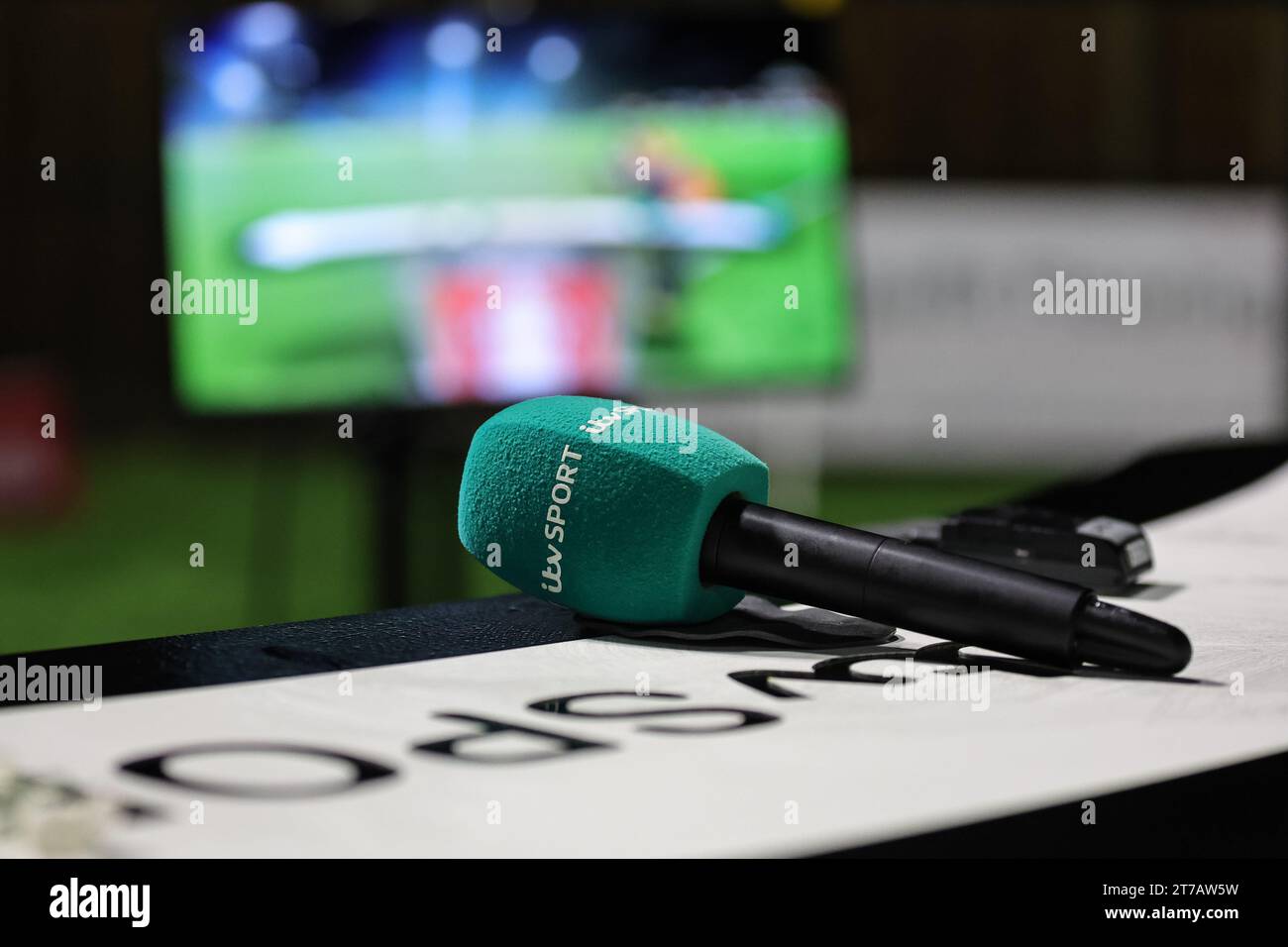ITV Sport microphone during the Emirates FA Cup match Horsham FC vs Barnsley at The Camping World Community Stadium, Horsham, United Kingdom, 14th November 2023  (Photo by Mark Cosgrove/News Images) Stock Photo