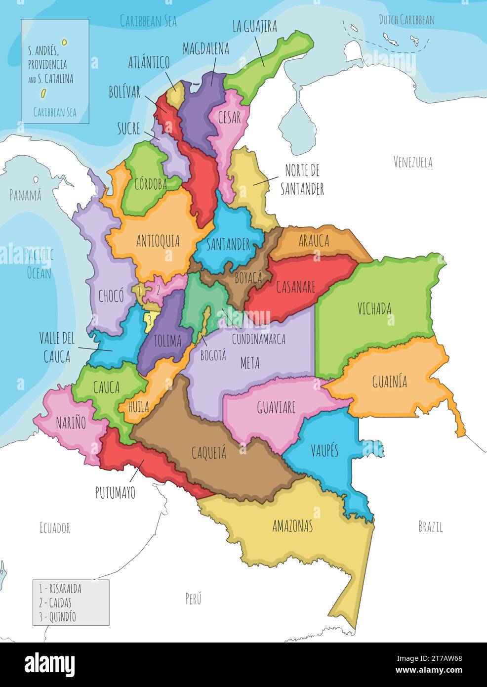 Vector illustrated map of Colombia with departments, capital region and