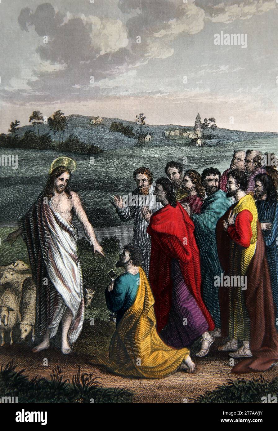 Illustration of Jesus Christ Charging the Apostle Peter with the Keys to the Gates of Heaven (John) from the Self-Interpreting Family Bible Stock Photo