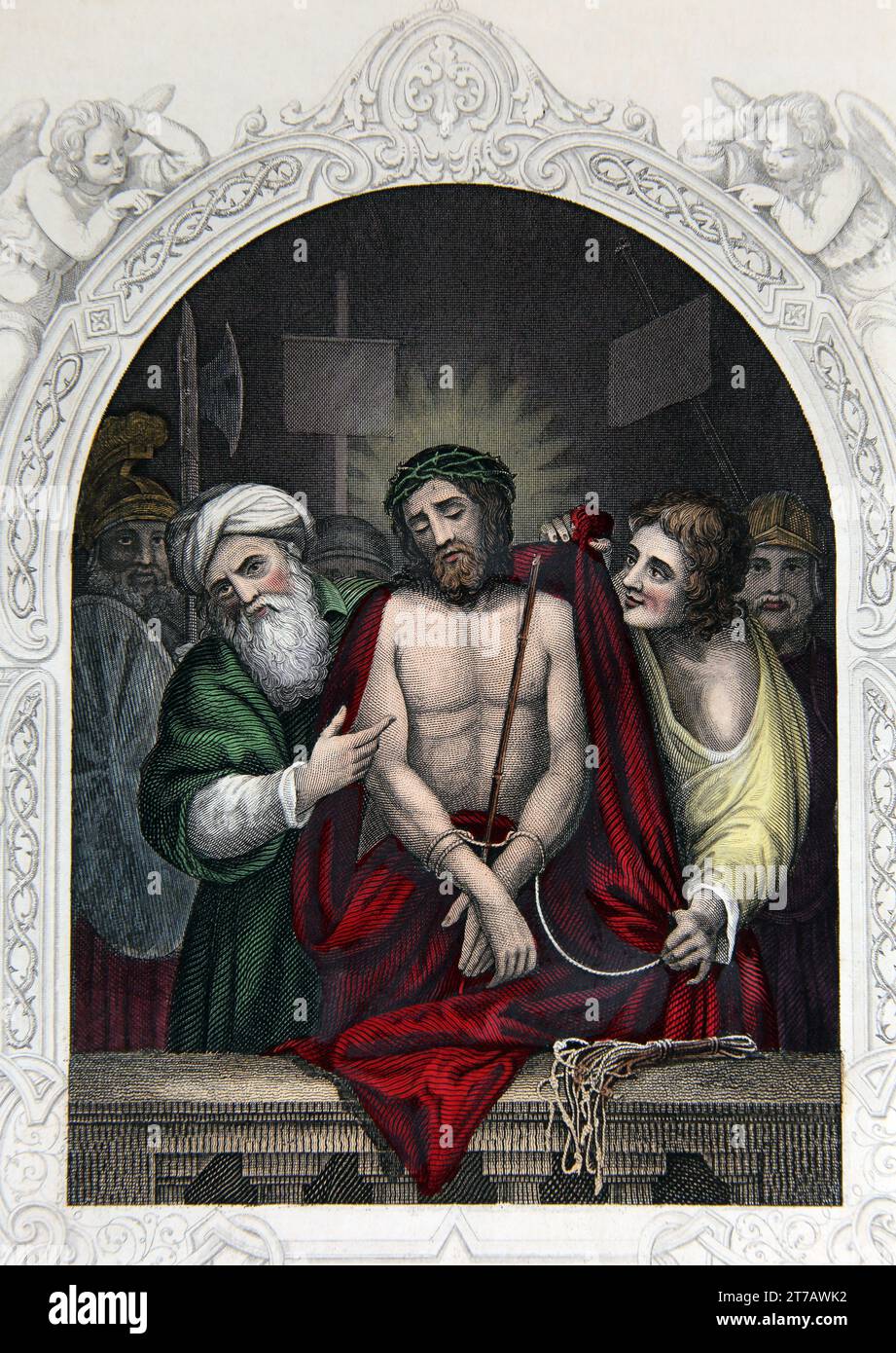 Illustration of Jesus Christ wearing the Crown of thorns with Pontius Pilate (John XIX.5) from the Self-Interpreting Family Bible Stock Photo