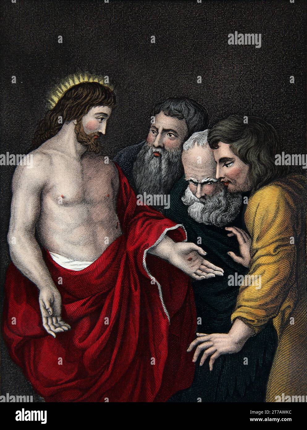 Illustration of Thomas's Incredulity of the Resurrection of Jesus Christ (JohnXX.27) from the Self-Interpreting Family Bible Stock Photo