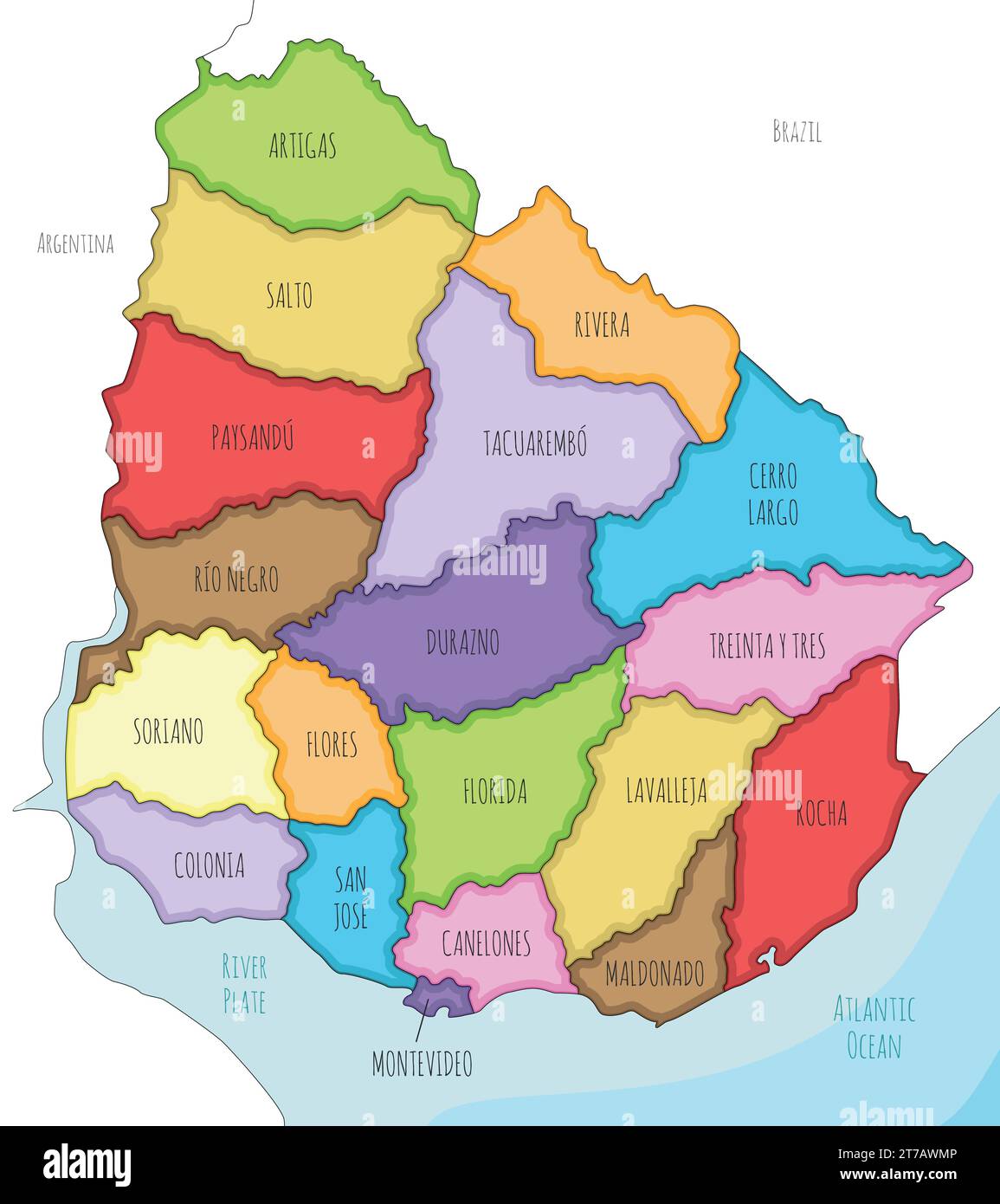 Vector illustrated map of Uruguay with departments and administrative divisions, and neighbouring countries. Editable and clearly labeled layers. Stock Vector