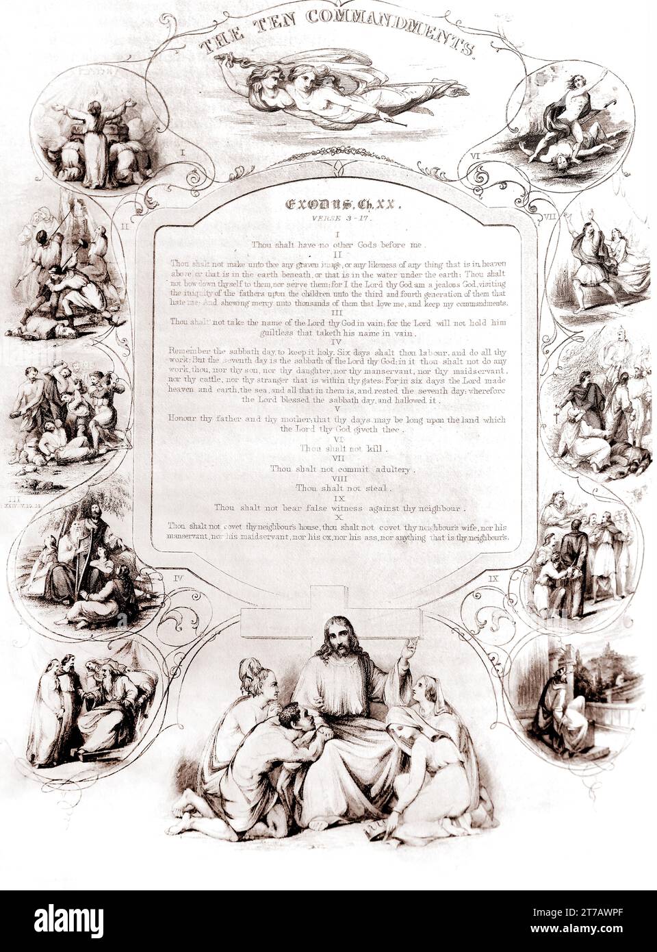 Illustration of the Ten Commandments (Exodus) From the Self-Interpreting Family Bible Stock Photo