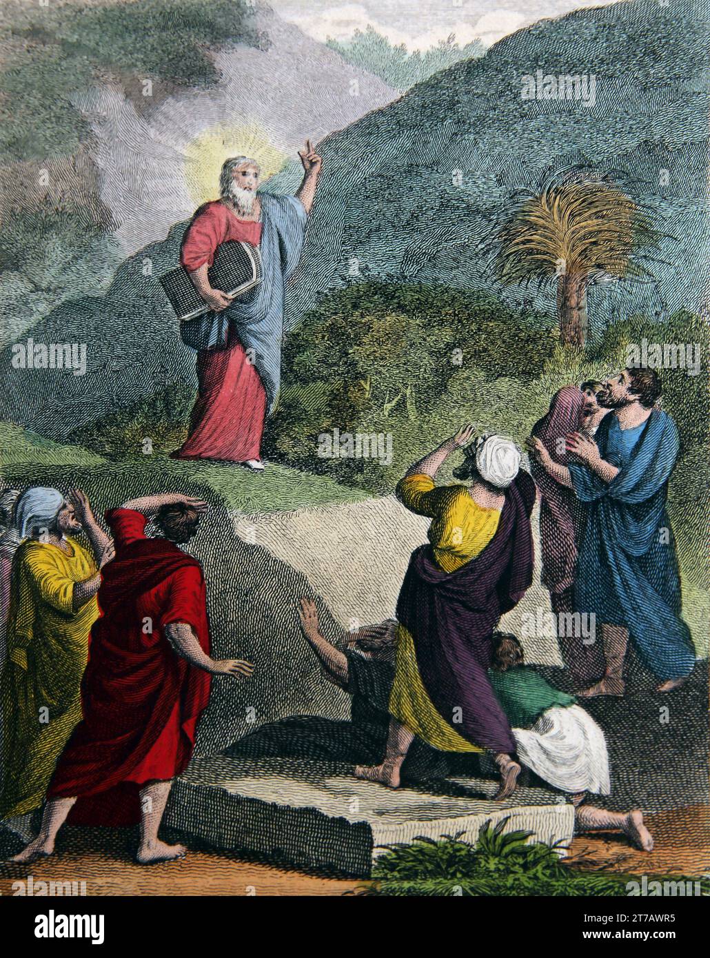Illustration of Moses Descending Mount Sinai holding the Tablets of the Covenant (Exodus XXXIV.29) From the Self-Interpreting Family Bible Stock Photo