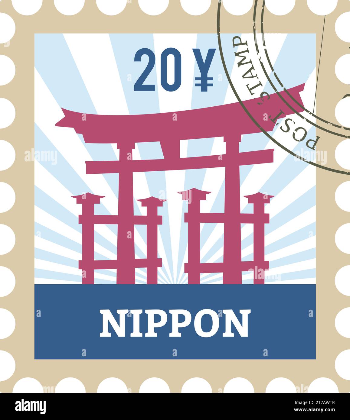 Postal stamp with TORII GATE famous landmark of TOKYO, JAPAN Stock Vector
