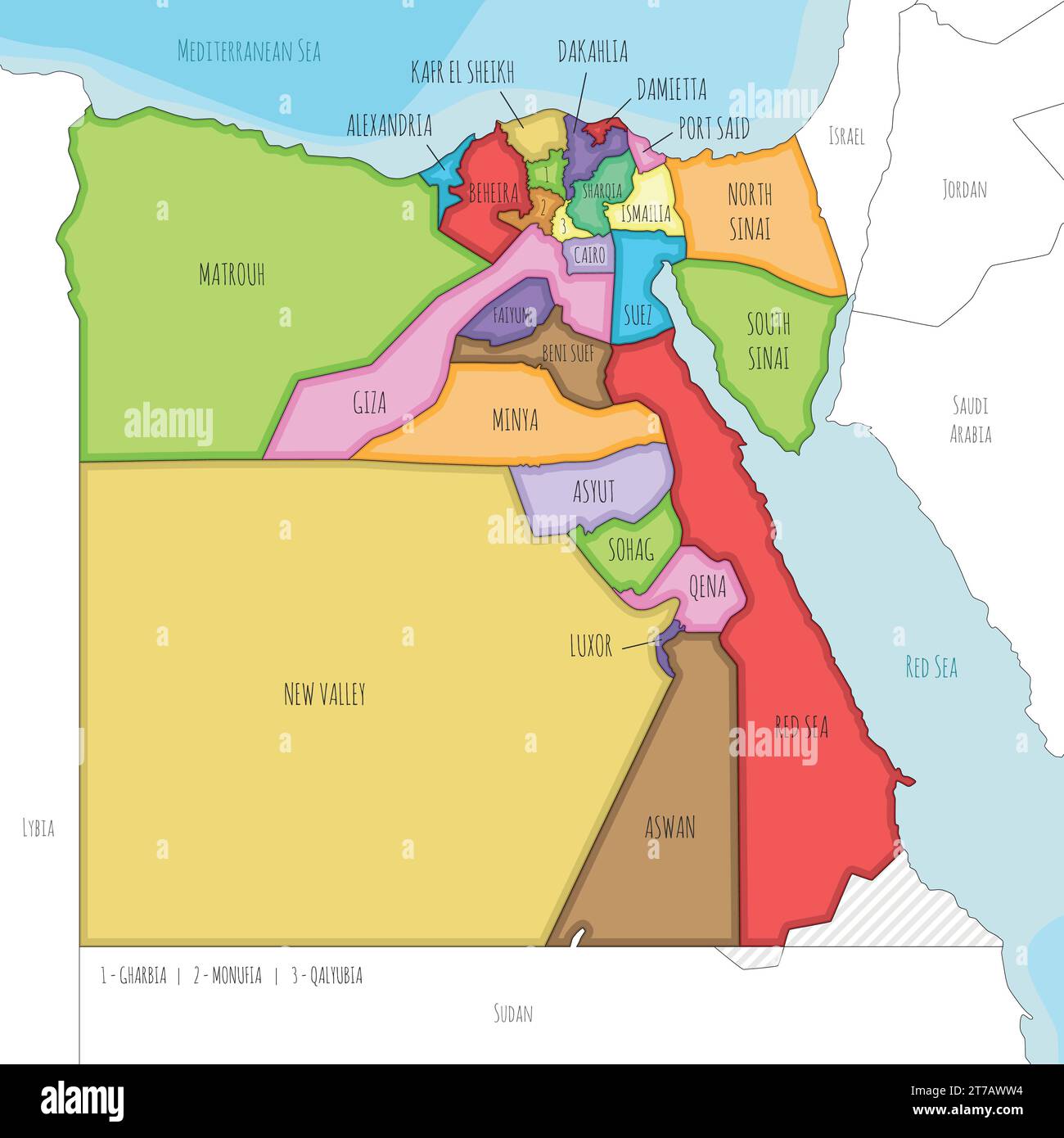 Vector illustrated map of Egypt with governorates or provinces and administrative divisions, and neighbouring countries. Editable and clearly labeled Stock Vector