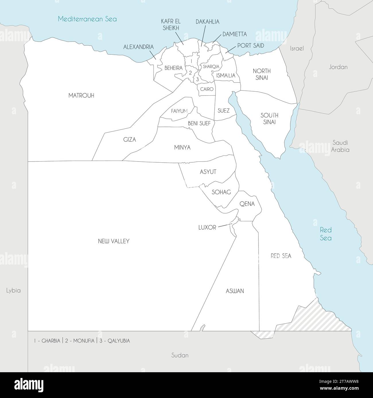 Vector map of Egypt with governorates or provinces and administrative divisions, and neighbouring countries. Editable and clearly labeled layers. Stock Vector