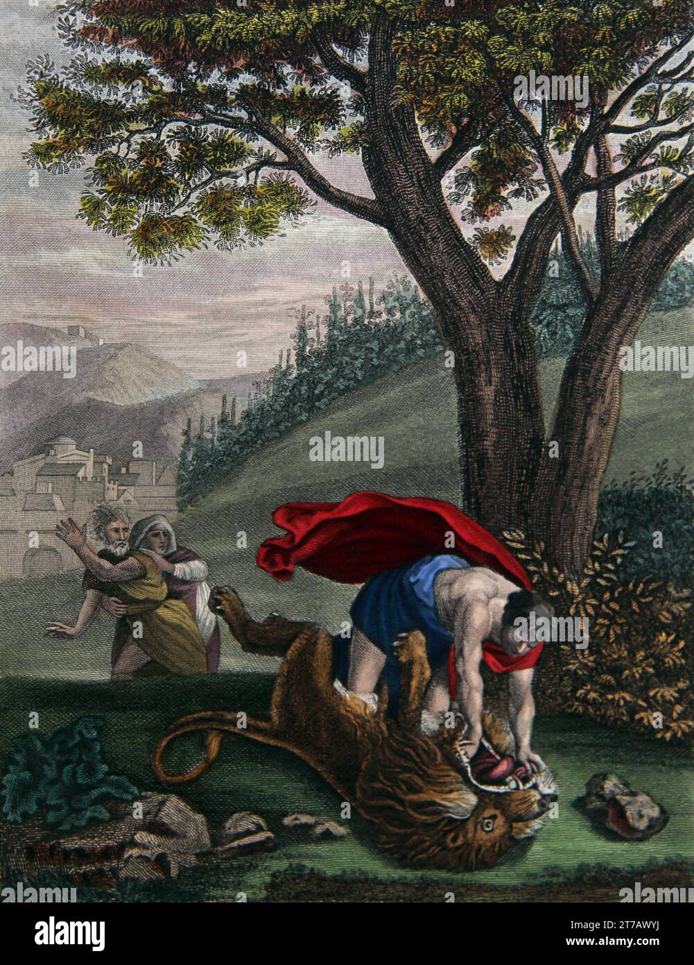 Illustration of Samson Slaying the Lion (Judges XIV.6) From the Self-Interpreting Family Bible Stock Photo