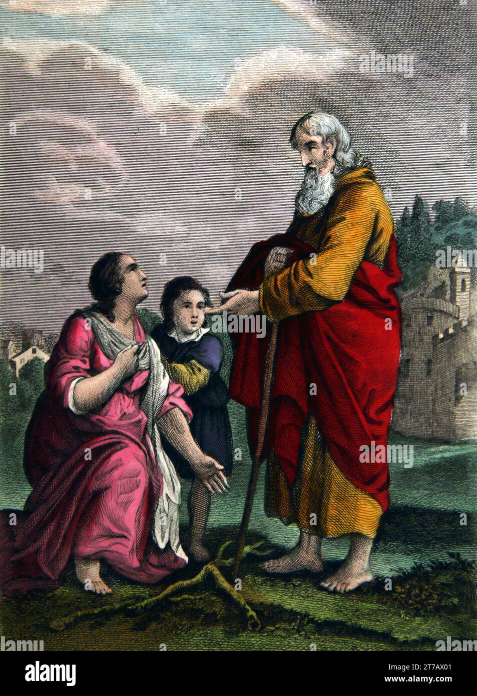 Illlustration Of Elijah Arriving At The Gate Of The City Asking The Widow For A Vessel Of Water (Kings) from the Self-Interpreting Family Bible Stock Photo