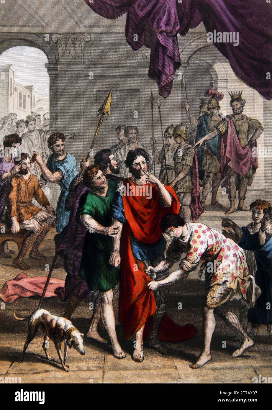 Illustration of the Ill-treatment of David's Messenger (Chronicles) From the Self-Interpreting Family Bible Stock Photo