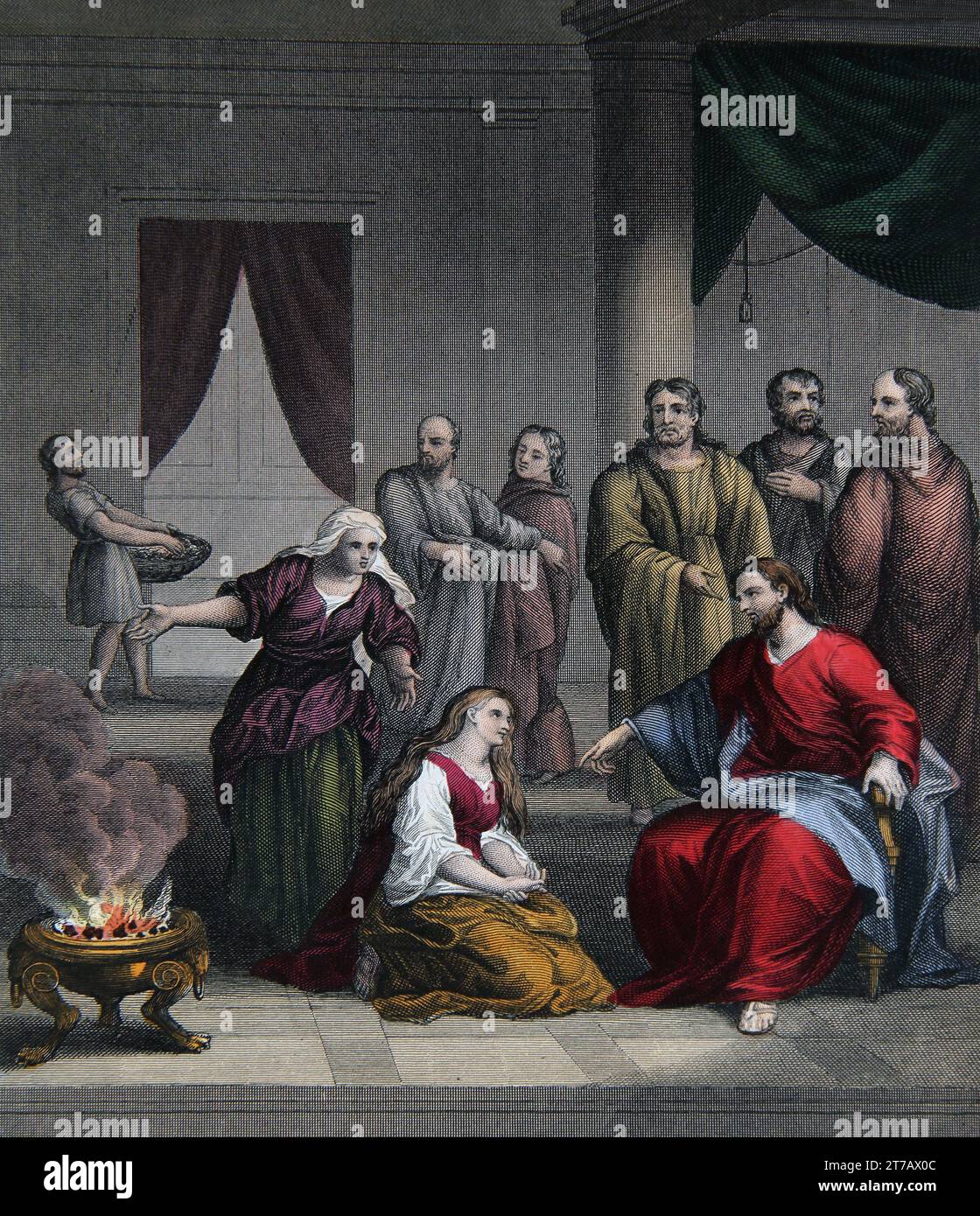 Illustration of Jesus at the Home of Martha and Mary (Luke X.40) from the Self-Interpreting Family Bible Stock Photo