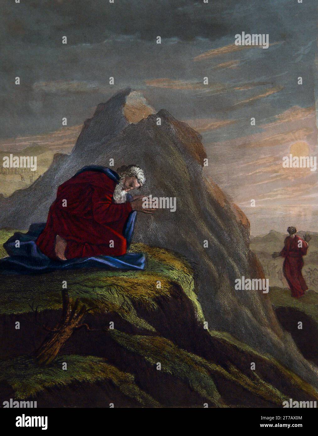 Illustration of Elijah on Mount Carmel (Kings)  Ahab went off to eat and drink and Elijah climbed Mount Carmel bent down the the ground and put his fa Stock Photo