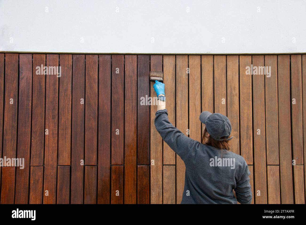 Handy woman painting wood house exterior siding with brown protective oil paint. White copy space. Wooden clading home improvement diy concept. Stock Photo