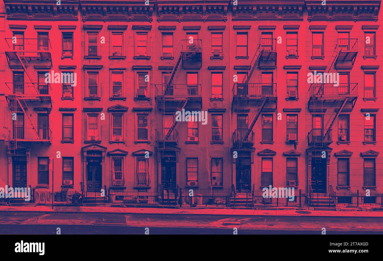 Block of apartment buildings on West 49th Street in the Hell's Kitchen neighborhood of New York City with red and blue colors Stock Photo