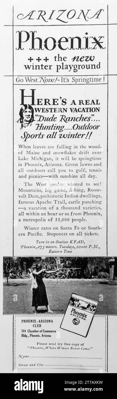 1927 Phoenix Arizona travel ad. 'The new winter playground.' Stock Photo