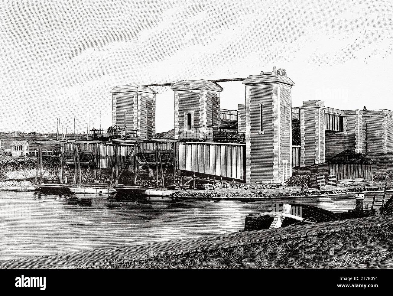 Hydraulic boat lift in Fontinettes, Arques, Pas-de-Calais. France. Old illustration by Louis Poyet (1846-1913) from Lq Nature 1887 Stock Photo