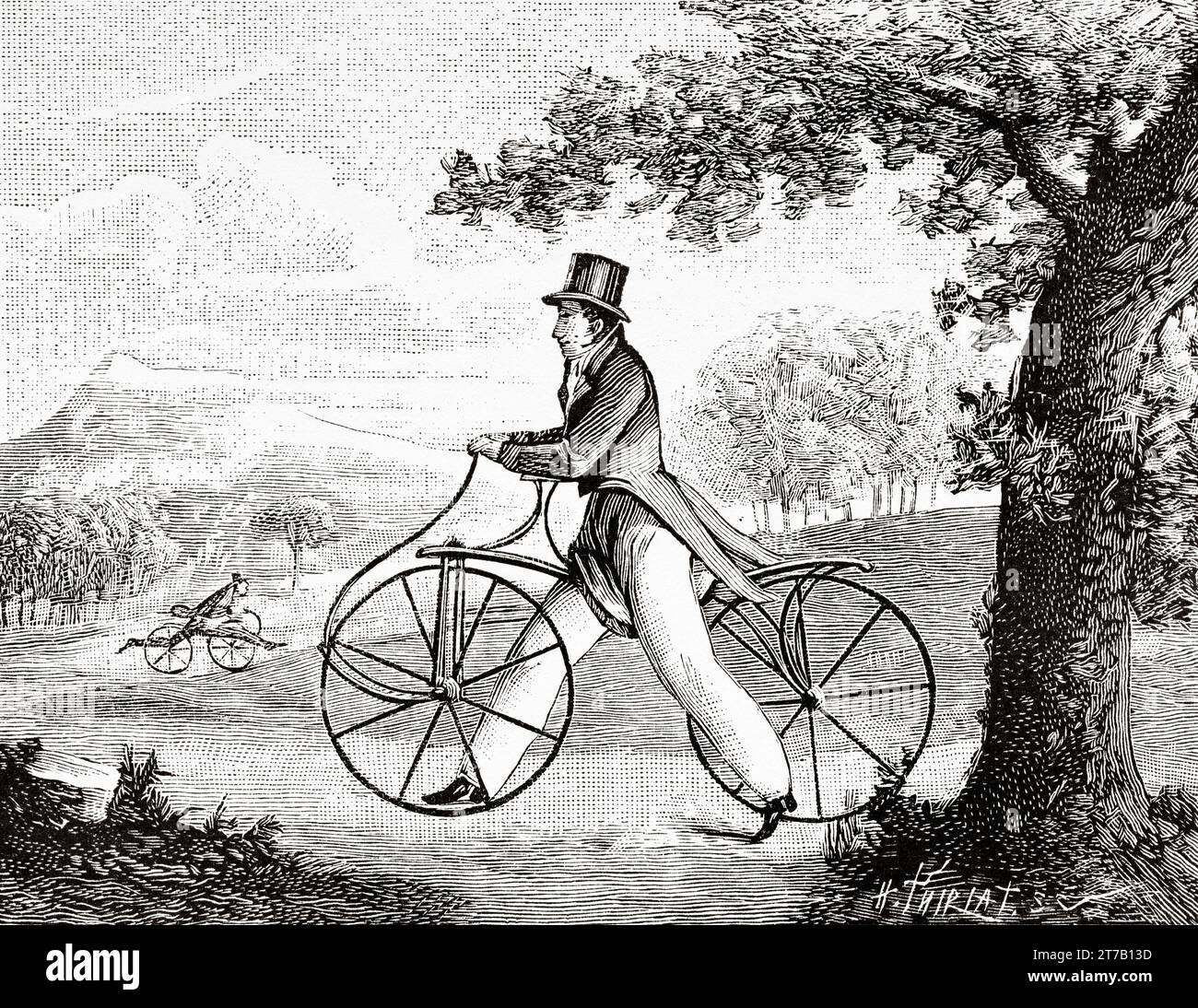 The Draisine. Pedestrian Curricle invented by Karl von Drais de Sauerbrun in 1816, introduced into the United States in 1819. Old illustration from La Nature 1887 Stock Photo
