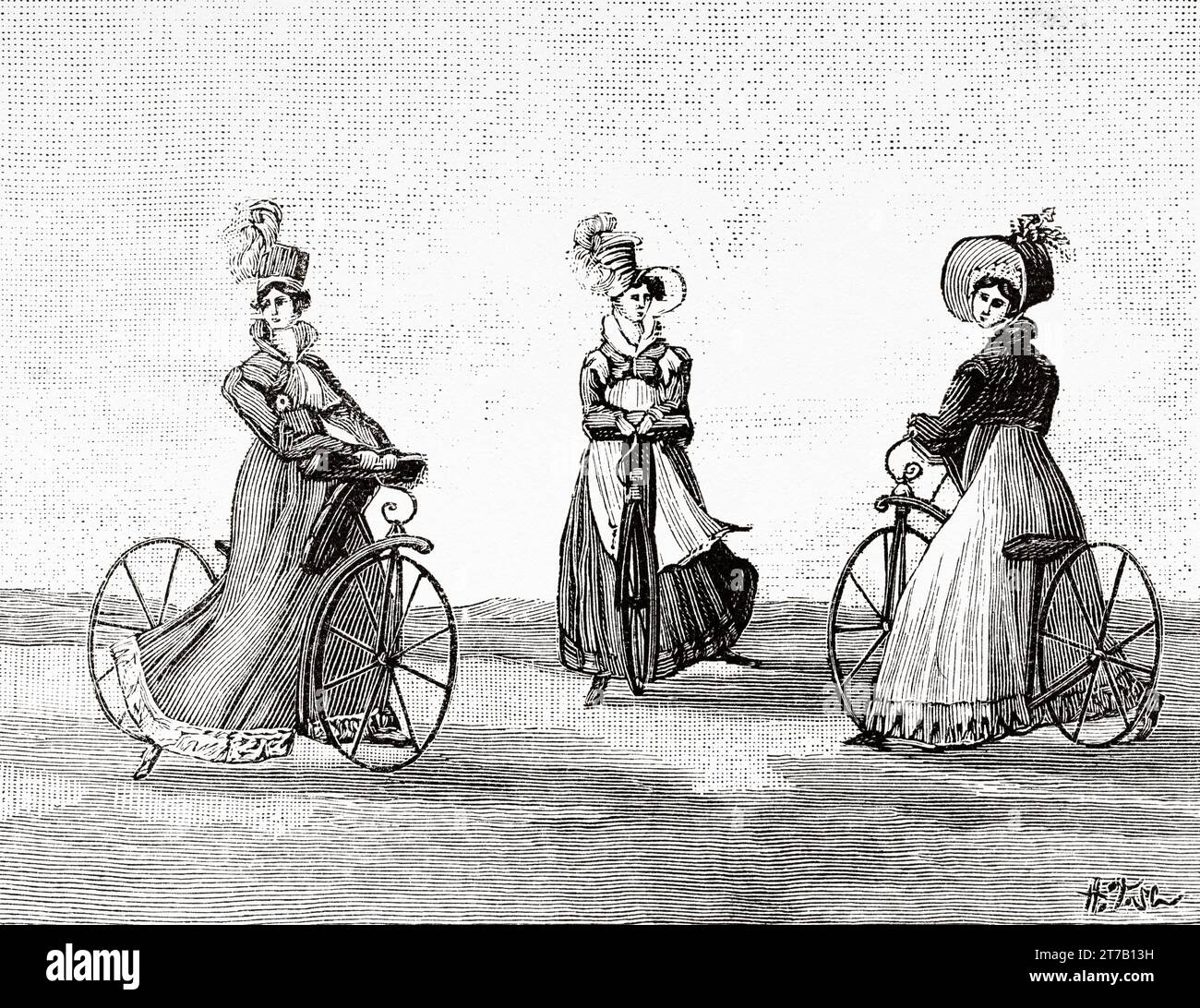 Lady's Pedestrian Hobby-Horse from 1819. Old illustration from La Nature 1887 Stock Photo