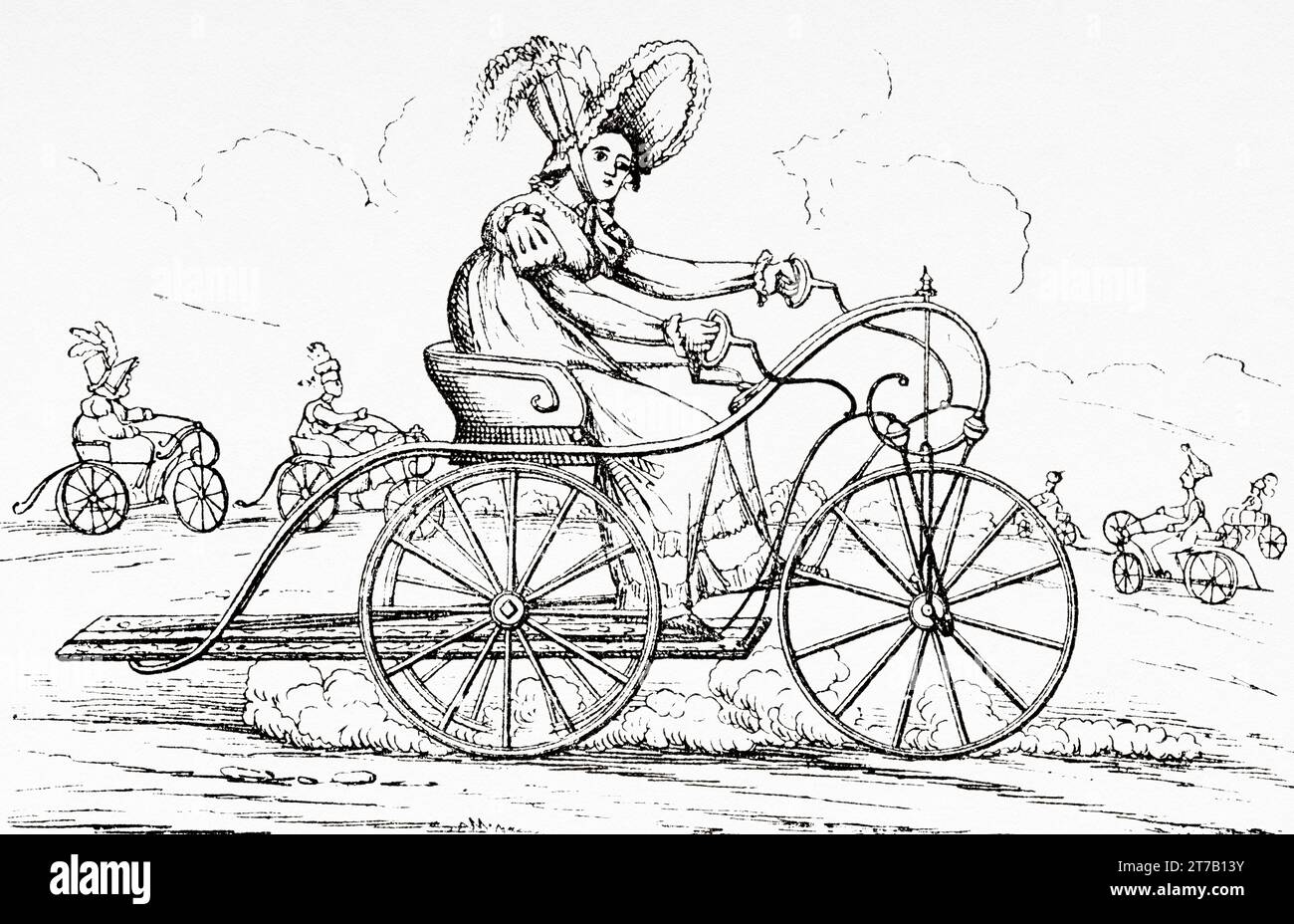 Bicycle with three wheels, the Ladies' hobby, 1819. Old illustration from La Nature 1887 Stock Photo