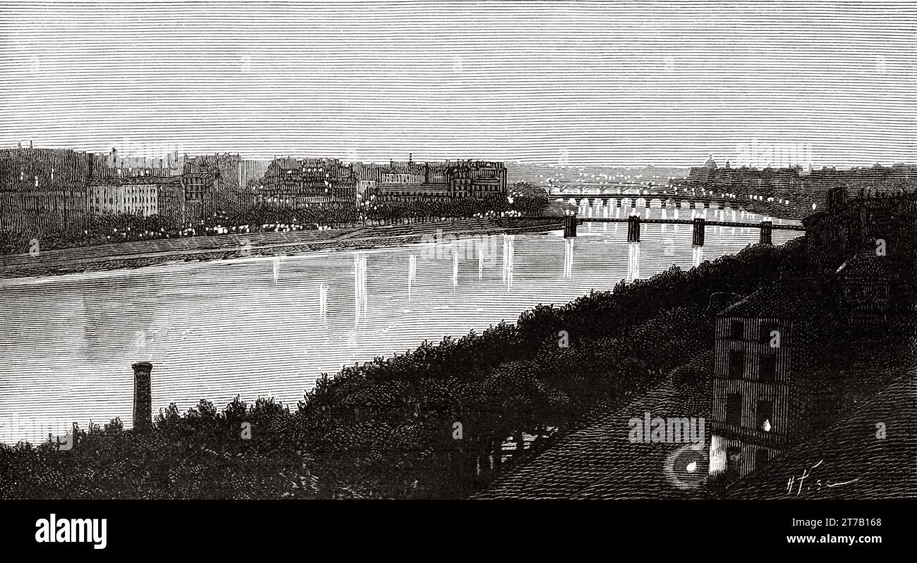 Old view of Rhone bridges in Lyon, France. Old illustration from La Nature 1887 Stock Photo
