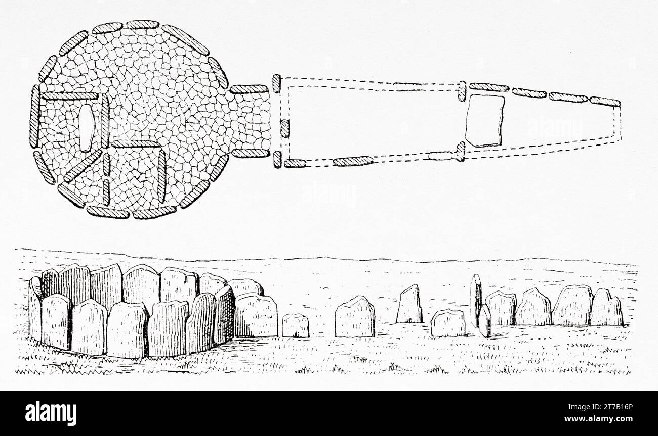 Megalithic construction. Burial place of Marcella dolmen, Algrave. Portugal. Old illustration from La Nature 1887 Stock Photo