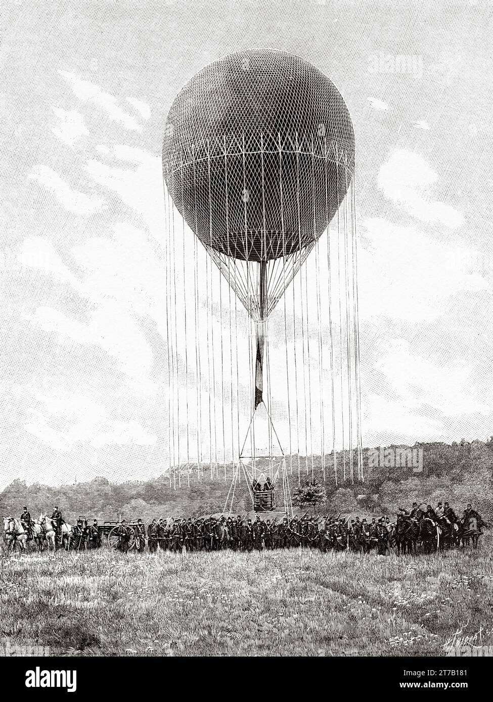 Captive military aerostat of the French army, France. Old illustration from La Nature 1887 Stock Photo