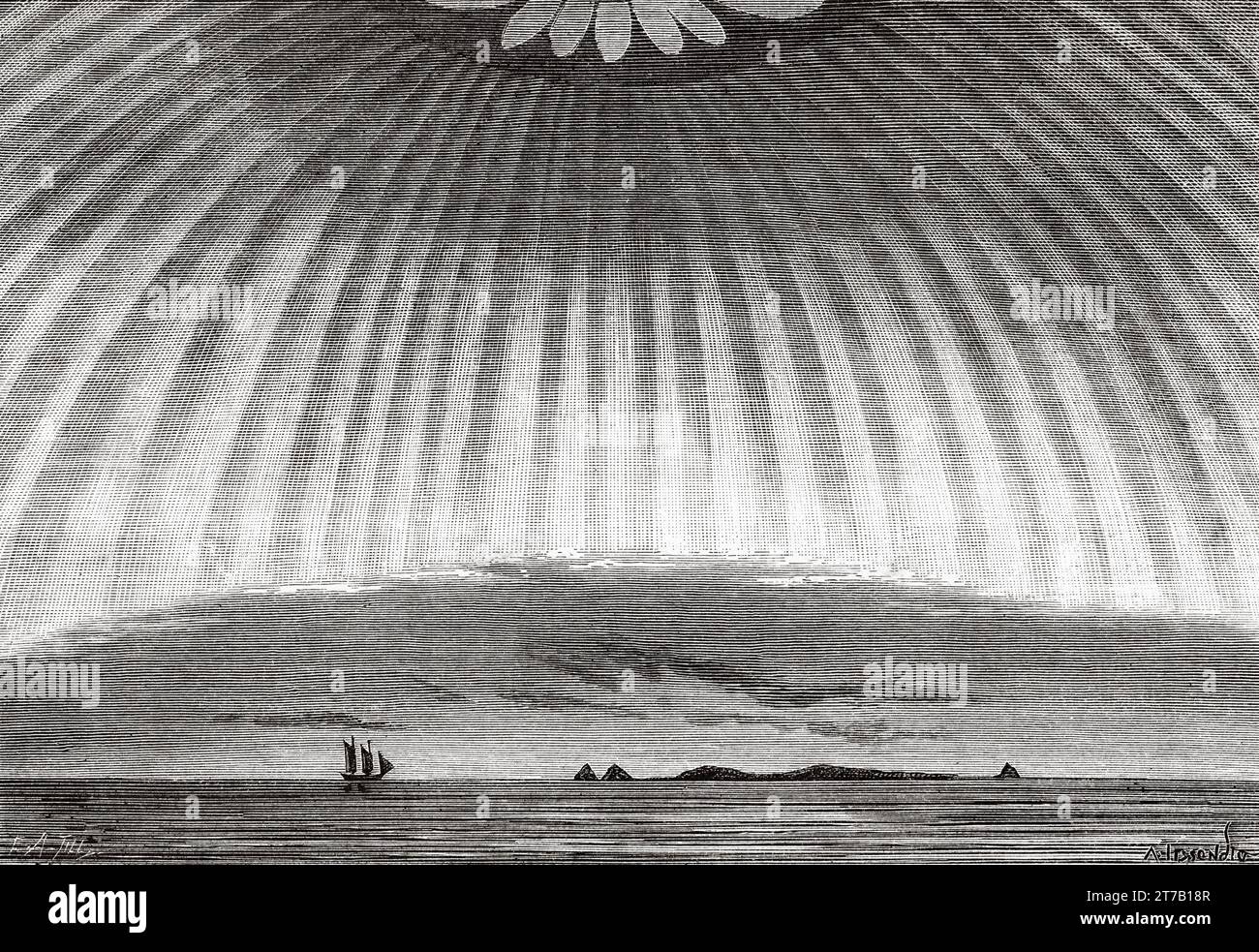 Aurora borealis in its complete state observed by Lemstrom on October 18, 1868. Old illustration from La Nature 1887 Stock Photo