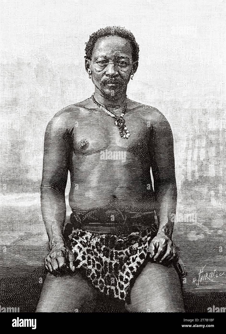 Portrait of a Bushman man. Old illustration from La Nature 1887 Stock Photo